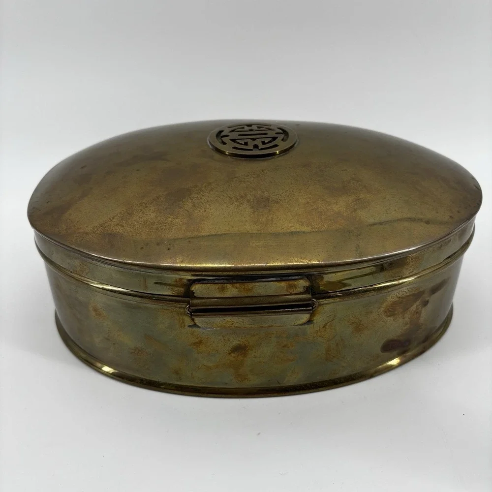 Vintage Brass Chinese Longevity Jewelry Trinket Keepsake Box, Oval, 11